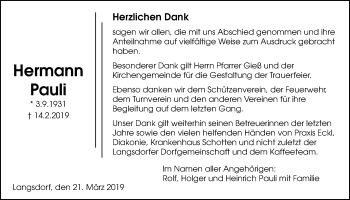 Traueranzeige von Hermann Pauli von Licher Wochenblatt