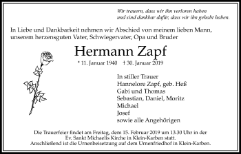 Traueranzeige von Hermann Zapf von Bad Vilbel/Karben