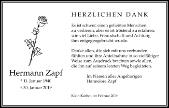 Traueranzeige von Hermann Zapf von Bad Vilbel/Karben