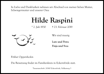 Traueranzeige von Hilde Raspini von Wetterauer Zeitung, Wetterauer Zeitung
