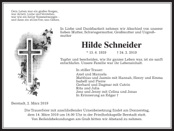 Traueranzeige von Hilde Schneider von Wetterauer Zeitung, Wetterauer Zeitung