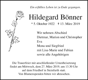 Traueranzeige von Hildegard Bönner von Wetterauer Zeitung