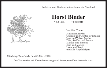 Traueranzeige von Horst Binder von Wetterauer Zeitung