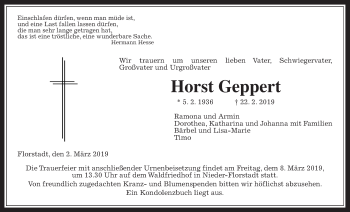 Traueranzeige von Horst Geppert von Wetterauer Zeitung, Wetterauer Zeitung