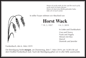 Traueranzeige von Horst Wack von Giessener Allgemeine, Alsfelder Allgemeine