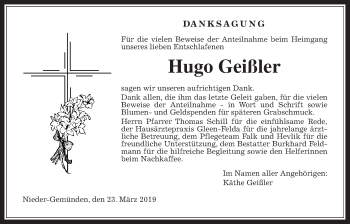 Traueranzeige von Hugo Geißler von Alsfelder Allgemeine