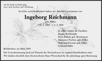 Traueranzeige von Ingeborg Reichmann von Giessener Allgemeine, Alsfelder Allgemeine
