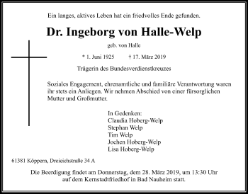 Traueranzeige von Ingeborg von Halle-Welp von Wetterauer Zeitung
