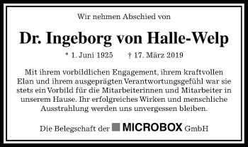 Traueranzeige von Ingeborg von Halle-Welp von Wetterauer Zeitung