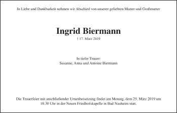 Traueranzeige von Ingrid Biermann von Wetterauer Zeitung