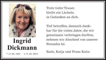 Traueranzeige von Ingrid Dickmann von Wetterauer Zeitung