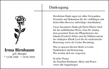 Traueranzeige von Irma Birnbaum von Licher Wochenblatt