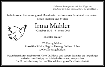 Traueranzeige von Irma Mahler von Bad Vilbel/Karben