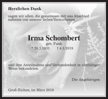 Traueranzeige von Irma Schombert von Giessener Allgemeine, Alsfelder Allgemeine