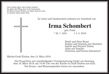 Traueranzeige von Irma Schombert von Giessener Allgemeine, Alsfelder Allgemeine