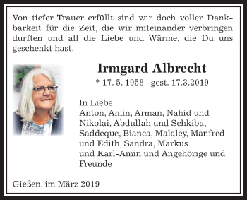Traueranzeige von Irmgard Albrecht von Giessener Allgemeine, Alsfelder Allgemeine