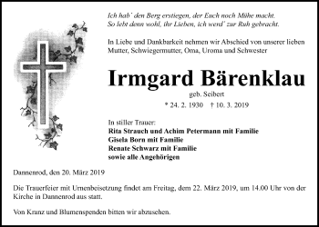 Traueranzeige von Irmgard Bärenklau von Alsfelder Allgemeine