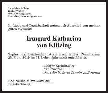 Traueranzeige von Irmgard Katharine von Klitzing von Wetterauer Zeitung
