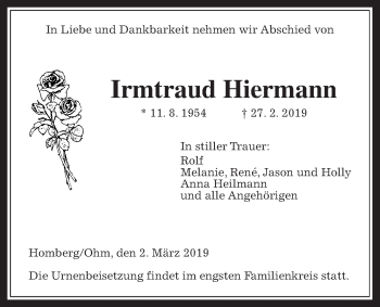 Traueranzeige von Irmtraud Hiermann von Alsfelder Allgemeine