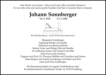 Traueranzeige von Johann Sonnberger von Wetterauer Zeitung