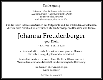 Traueranzeige von Johanna Freudenberger von Bad Vilbel/Karben