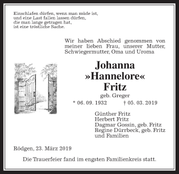 Traueranzeige von Johanna  Fritz von Giessener Allgemeine, Alsfelder Allgemeine