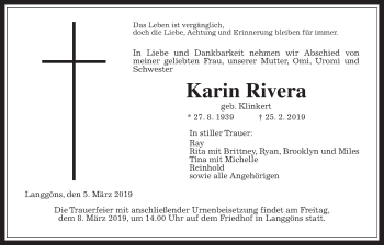 Traueranzeige von Karin Rivera von Giessener Allgemeine, Alsfelder Allgemeine