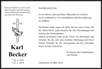 Traueranzeige von Karl Becker von Giessener Allgemeine, Alsfelder Allgemeine