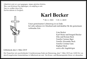 Traueranzeige von Karl Becker von Giessener Allgemeine, Alsfelder Allgemeine