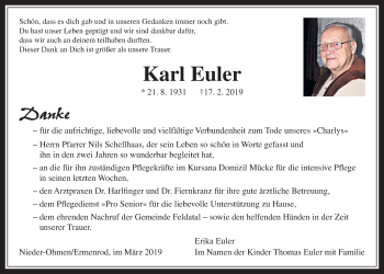 Traueranzeige von Karl Euler von Alsfelder Allgemeine