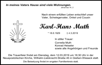 Traueranzeige von Karl-Hans Muth von Giessener Allgemeine, Alsfelder Allgemeine