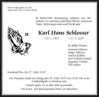 Traueranzeige von Karl Hans Schlosser von Alsfelder Allgemeine