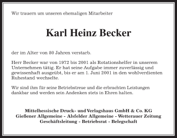 Traueranzeige von Karl Heinz Becker von Giessener Allgemeine, Alsfelder Allgemeine