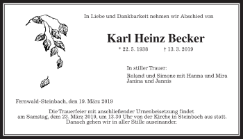Traueranzeige von Karl Heinz Becker von Giessener Allgemeine, Alsfelder Allgemeine
