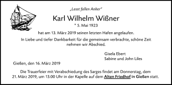 Traueranzeige von Karl Wilhelm Wißner von Giessener Allgemeine, Alsfelder Allgemeine