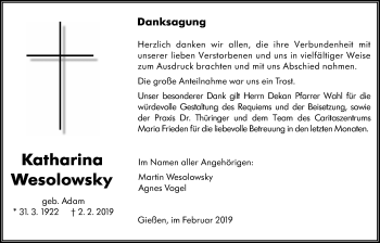 Traueranzeige von Katharina Wesolowsky von Giessener Allgemeine, Alsfelder Allgemeine