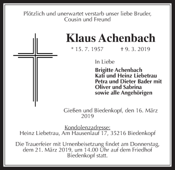 Traueranzeige von Klaus Achenbach von Giessener Allgemeine, Alsfelder Allgemeine