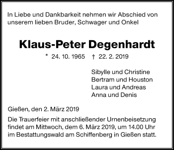 Traueranzeige von Klaus-Peter Degenhardt von Giessener Allgemeine, Alsfelder Allgemeine