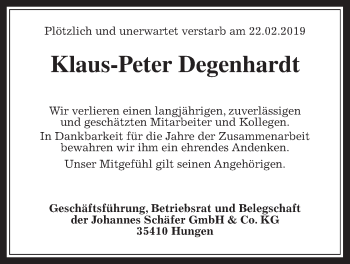 Traueranzeige von Klaus-Peter Degenhardt von Giessener Allgemeine, Alsfelder Allgemeine