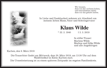Traueranzeige von Klaus Wilde von Wetterauer Zeitung