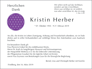 Traueranzeige von Kristin Herber von Wetterauer Zeitung