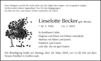 Traueranzeige von Lieselotte Becker von Giessener Allgemeine, Alsfelder Allgemeine