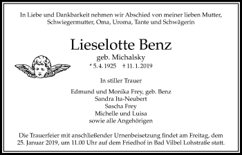 Traueranzeige von Lieselotte Benz von Bad Vilbel/Karben