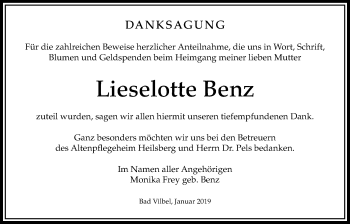 Traueranzeige von Lieselotte Benz von Bad Vilbel/Karben