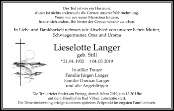Traueranzeige von Lieselotte Langer von Bad Vilbel/Karben