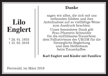 Traueranzeige von Lilo Englert von Giessener Allgemeine, Alsfelder Allgemeine