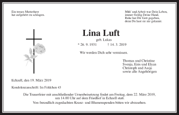 Traueranzeige von Lina Luft von Wetterauer Zeitung