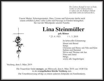 Traueranzeige von Lina Steinmüller von Giessener Allgemeine, Alsfelder Allgemeine