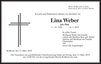 Traueranzeige von Lina Weber von Giessener Allgemeine, Alsfelder Allgemeine