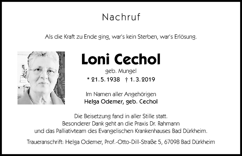  Traueranzeige für Loni Cechol vom 21.03.2019 aus Bad Vilbel/Karben